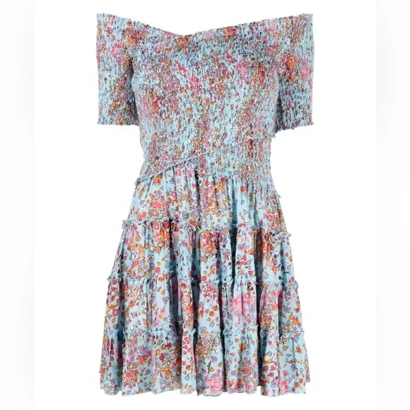 Poupette St Barth Soledad Mini Dress Medium Sky Blue Murrina Smocked - Picture 7 of 11